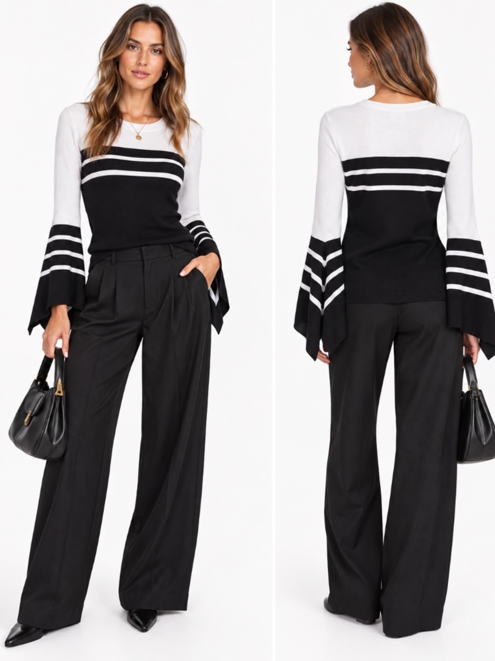 Vince Camuto Black & White Striped Crew Neck Sweater with Bell Sleeves, Size XS